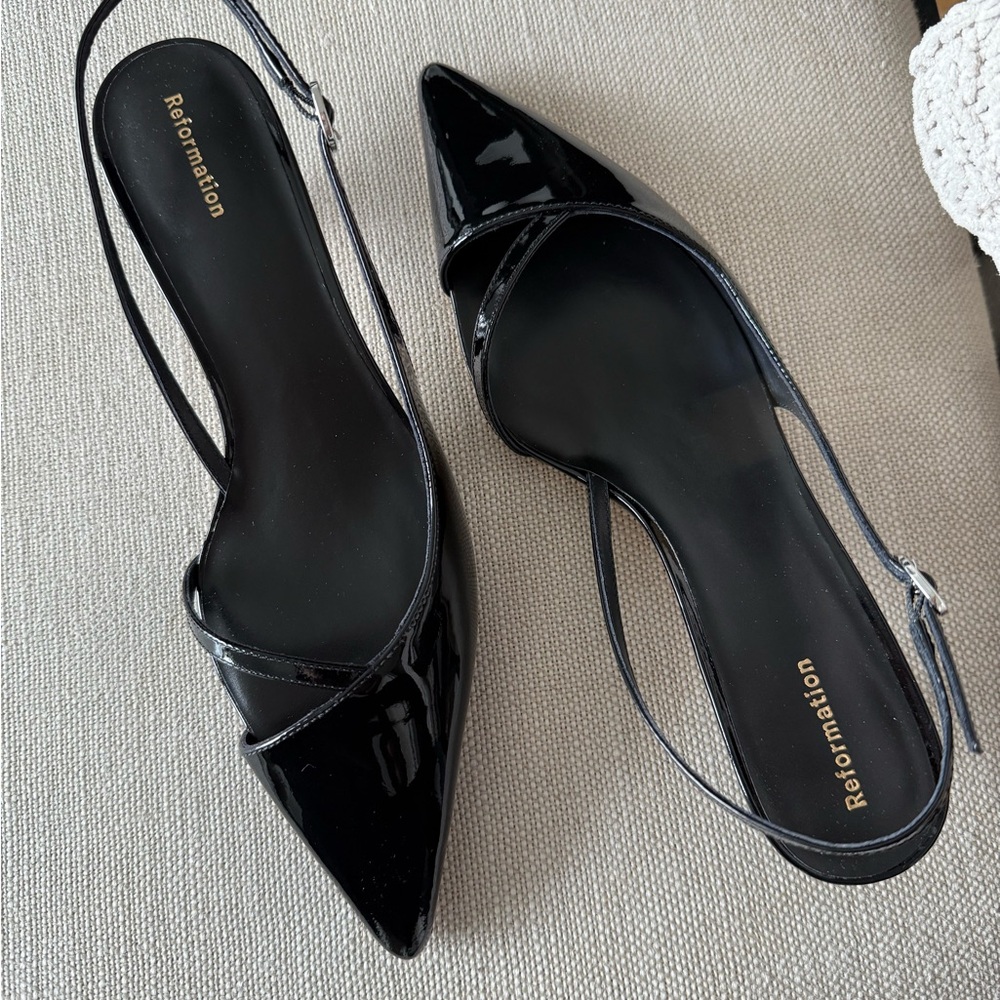 Reformation Sadie Kitte Heeled Black Patent Leather Slingback